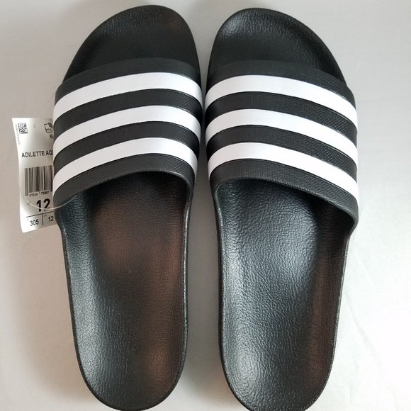 NEW Mens Sz 12 Adilette Aqua Slides - Black / White - Picture 6 of 9